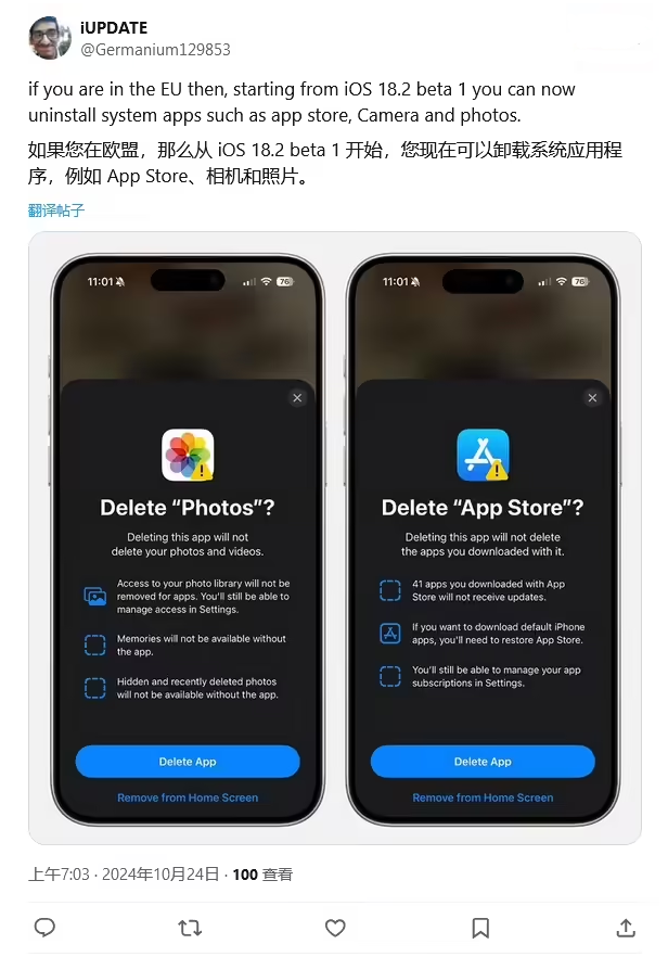 石壁镇苹果手机维修分享iOS 18.2 支持删除 App Store 应用商店 